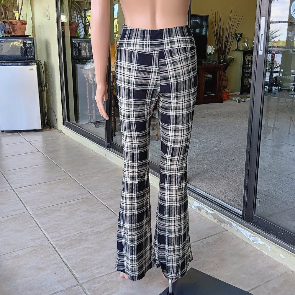 BLACK/YELLOW/WHITE PLAID FLARE PANTS, SIZE S, NEW WITHOUT TAG - Picture 4 of 6
